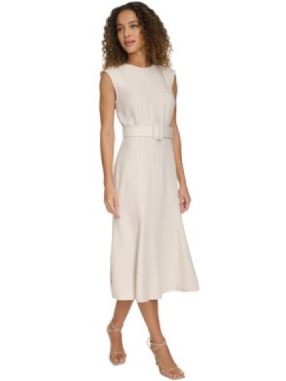 Calvin Klein Cream Sleeveless Belted Midi Dress